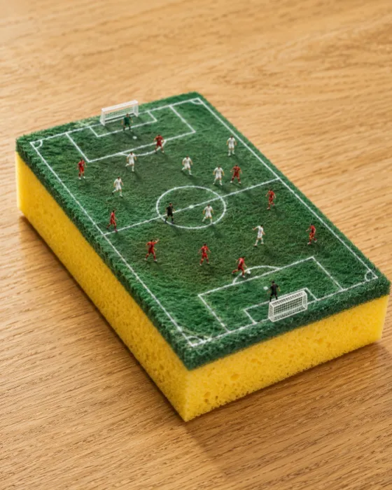 Macro photograph of a green kitchen sponge designed as a football field with miniature players and a football on a wooden table.