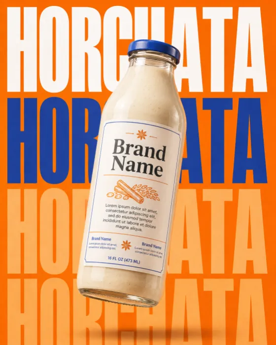 A floating glass bottle of creamy horchata against an orange background with large repeating typography in white, blue, and peach.