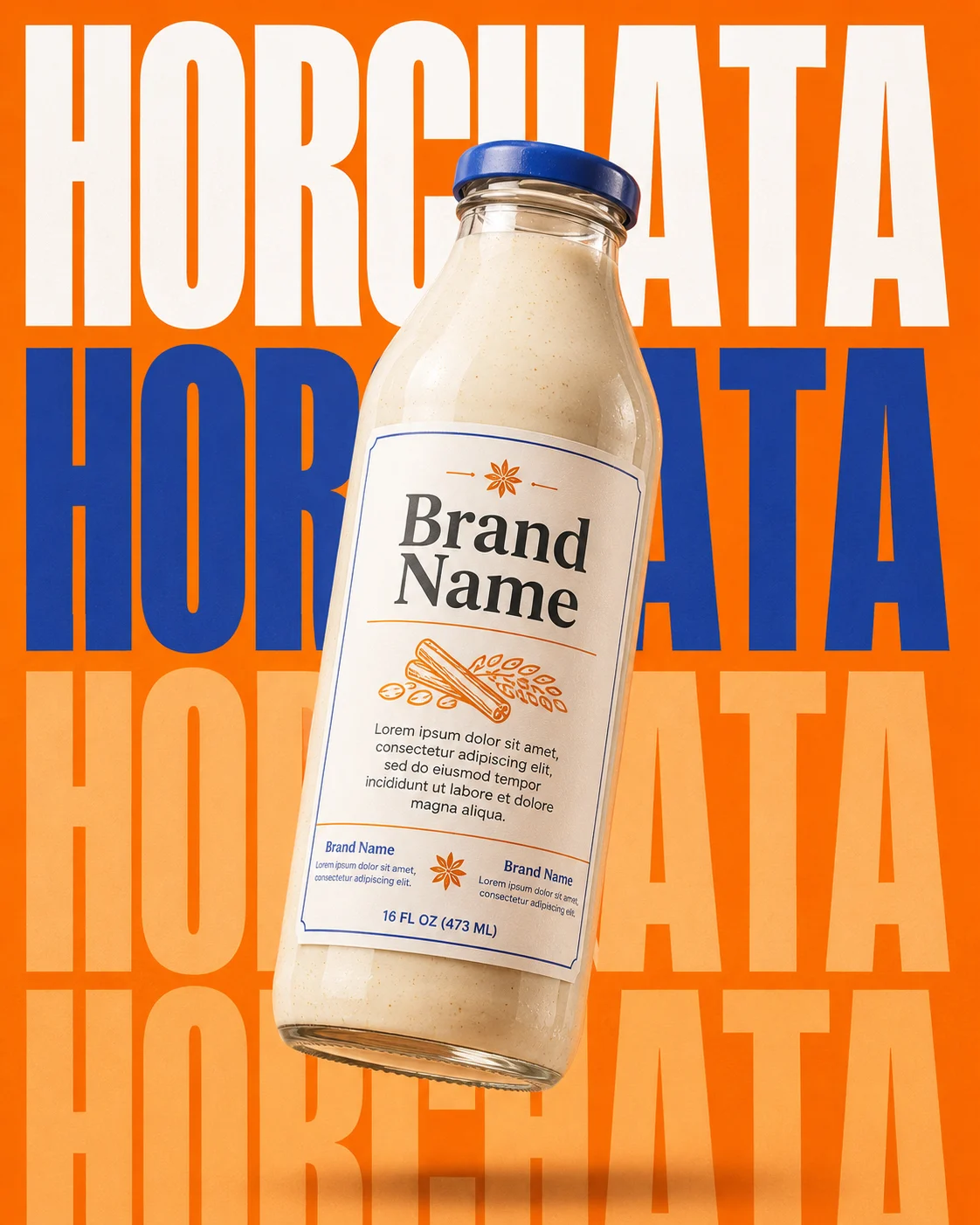 A floating glass bottle of creamy horchata against an orange background with large repeating typography in white, blue, and peach.
