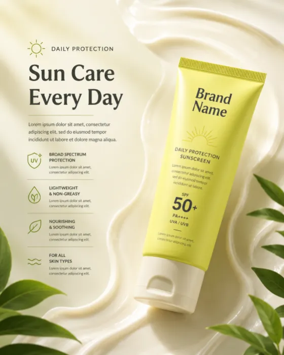 A lime yellow sunscreen tube with a white cap floating above a curved cream surface, with green leaves at the corners, soft shadows, and clean product labeling.