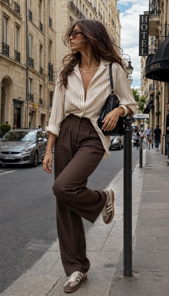 Full-length street-style outfit with striped shirt, brown trousers, black bag, taupe sneakers, and wind-swept hair.