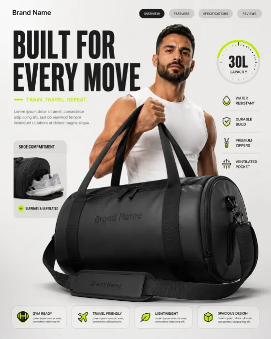 Luxury sports duffel bag in a premium commercial ecommerce campaign with athletic model and editorial typography.