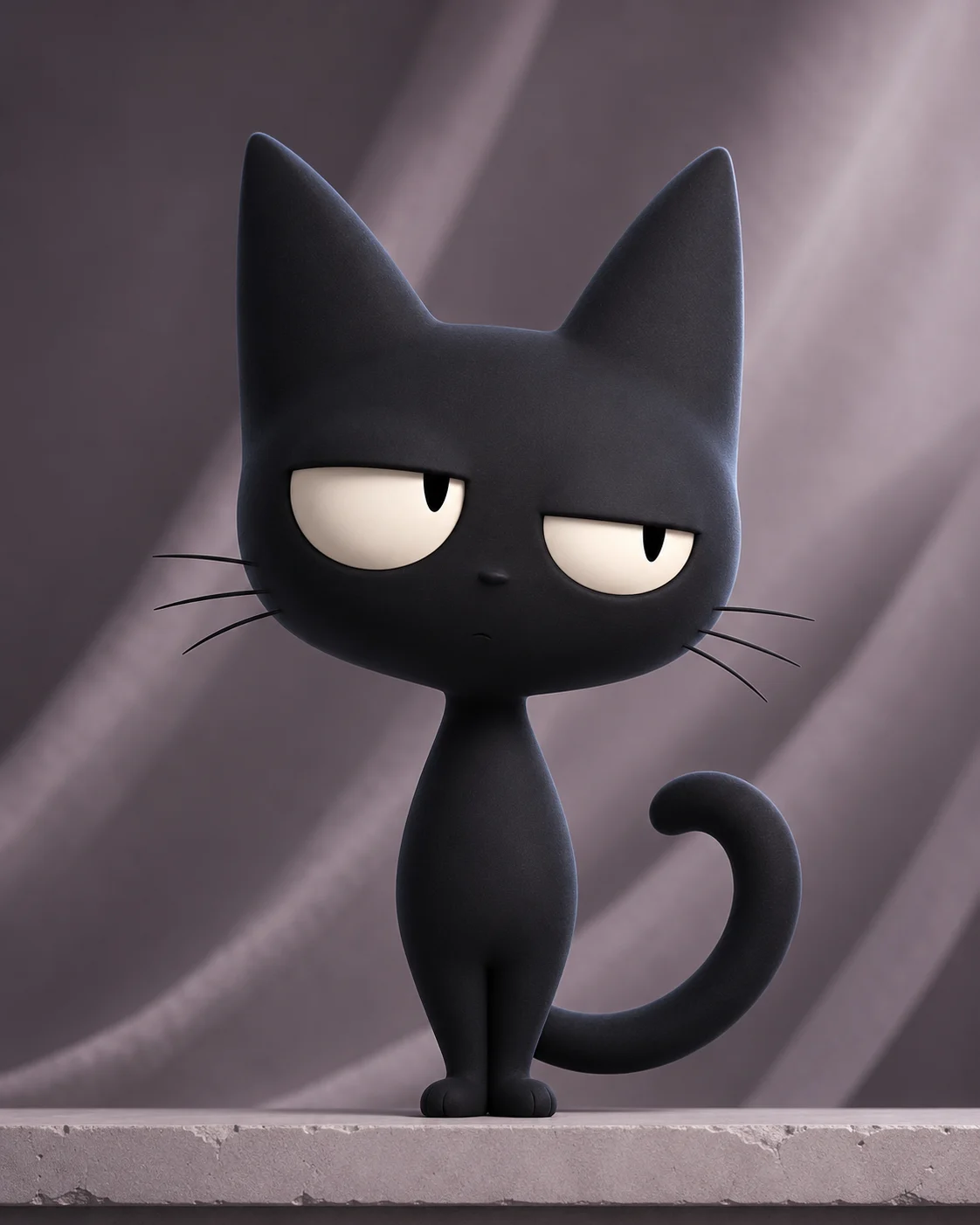 Minimal black feline character standing on a ledge with an unimpressed gaze, oversized eyes, pointed ears, and a curled tail.