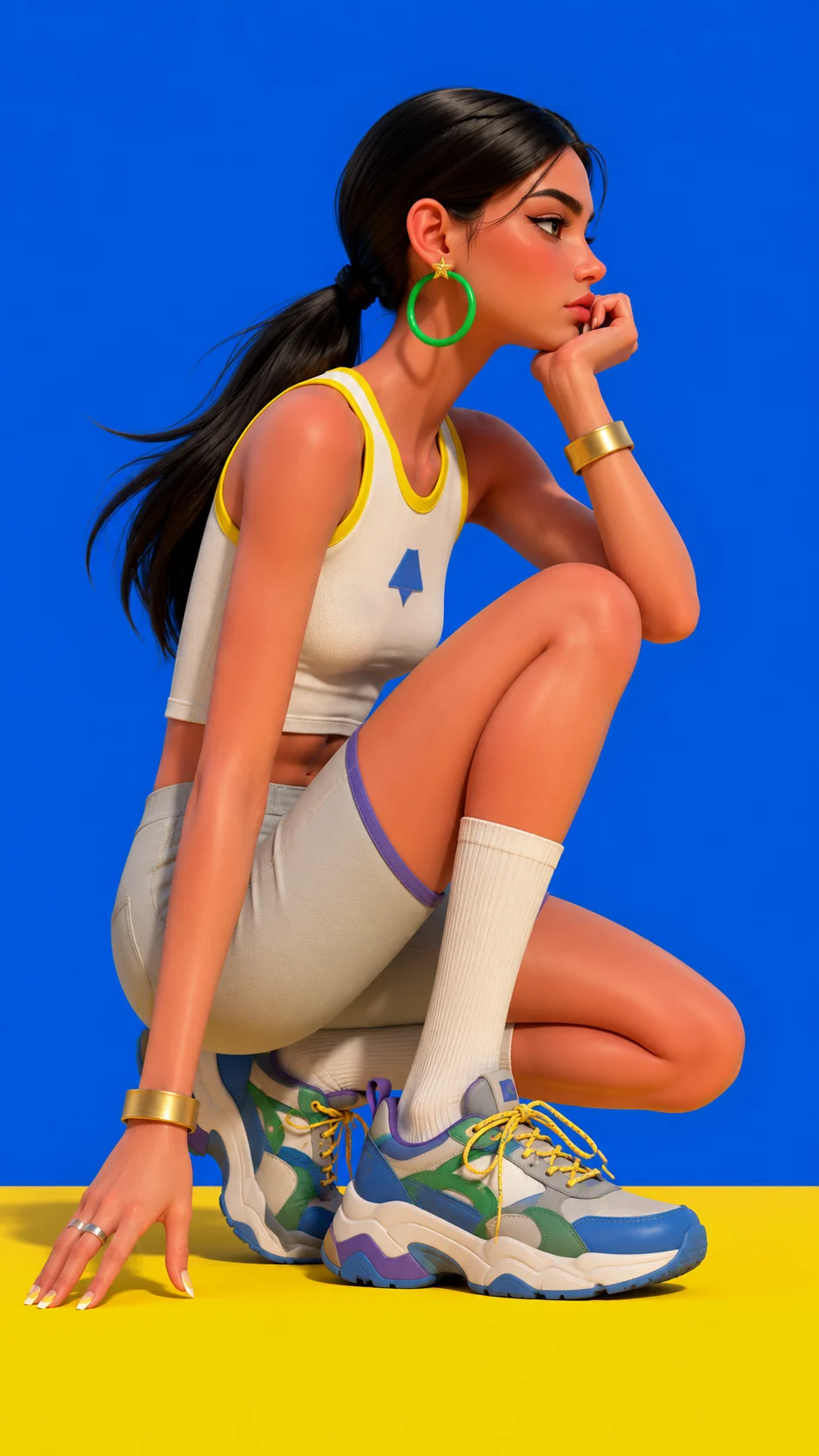 Colorful stylized character in a deep crouch wearing sporty clothes and chunky blue-green sneakers.