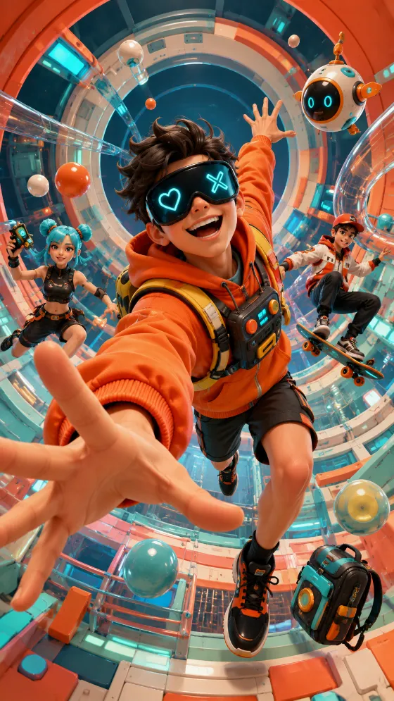 Colorful futuristic character scene with a visor hero reaching forward and two companions in a radial chamber.