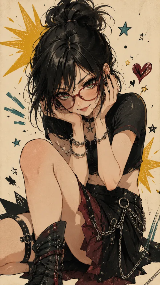 Dark-haired stylized character with red glasses, alternative fashion, and playful graphic accents.