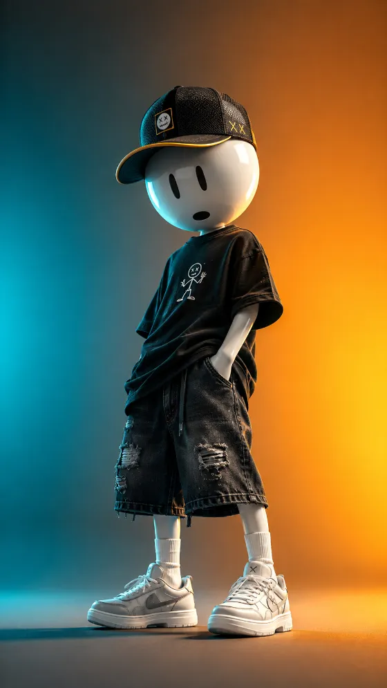 Stylized streetwear character in black clothing and white sneakers against a teal and orange gradient background