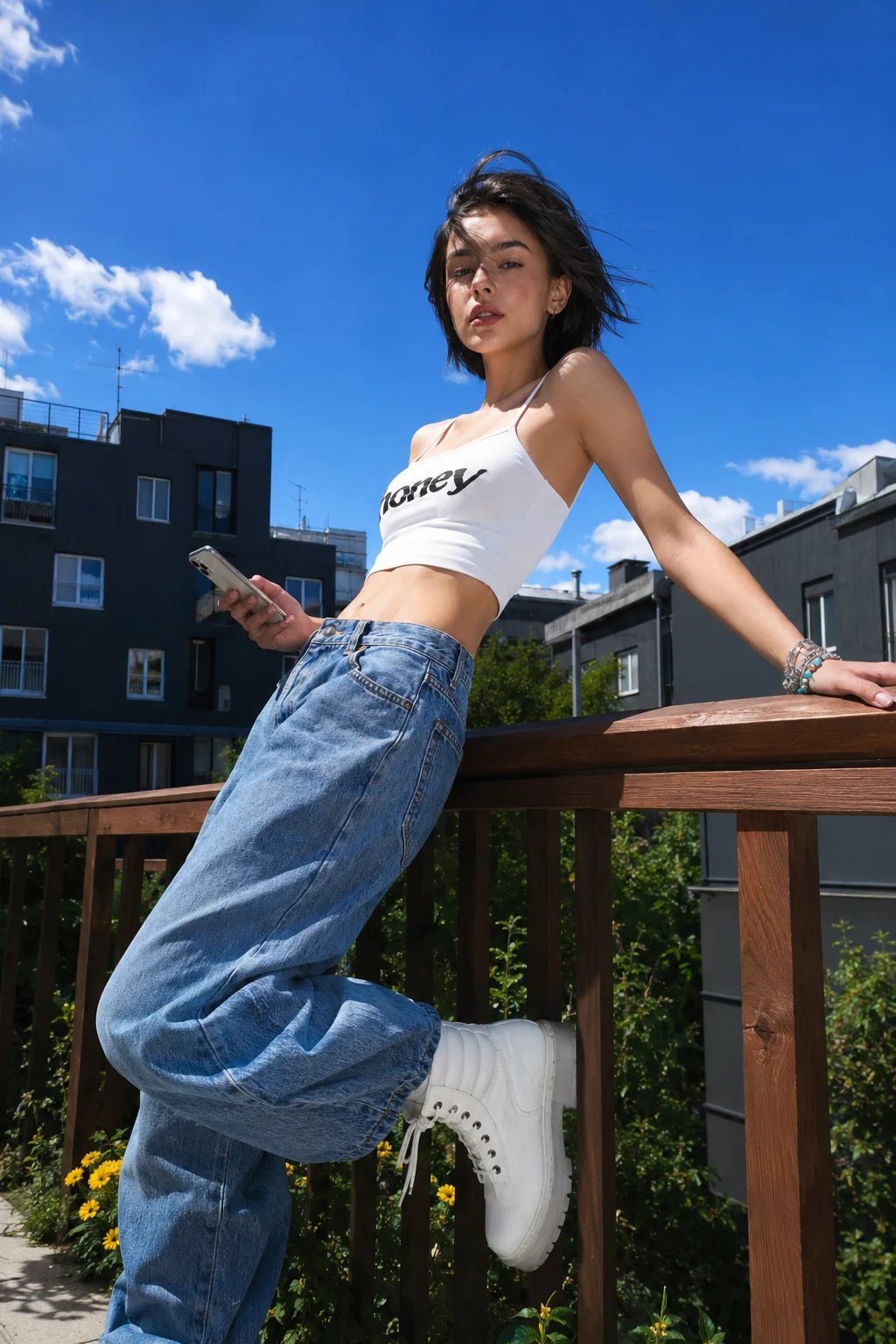 Vertical summer fashion editorial with a white crop top, baggy jeans, white boots, wooden railing, and vivid blue sky.