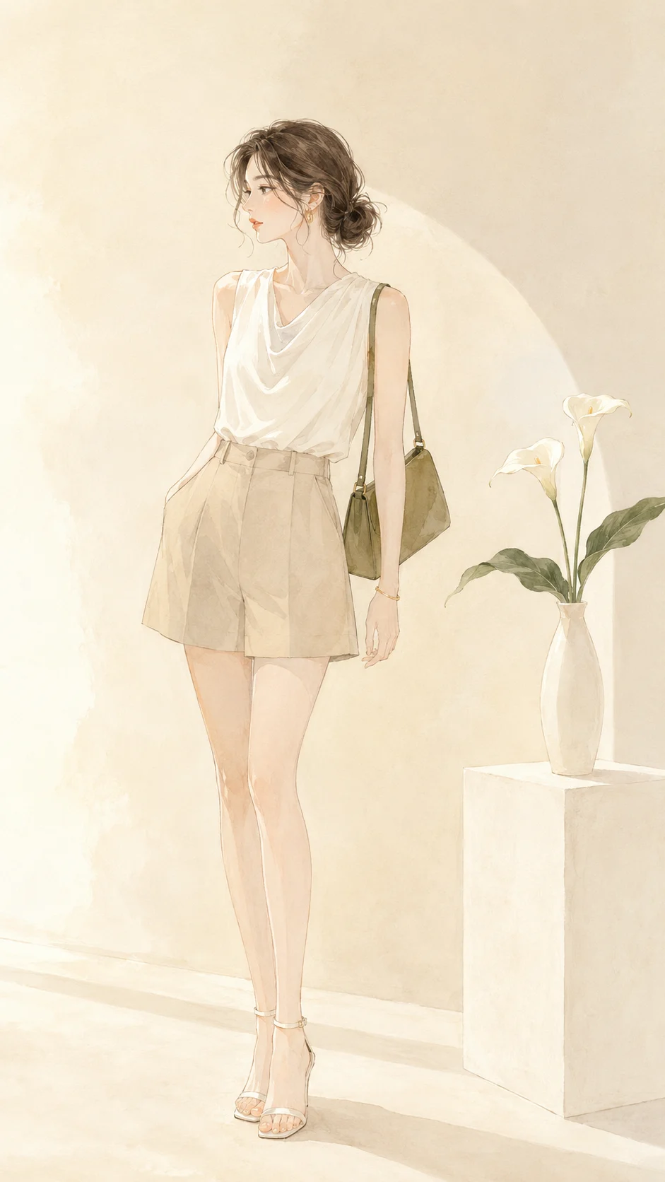 A fashion illustration of a young woman in an ivory blouse and beige shorts standing in a sunlit studio, with a pedestal holding white calla lilies to