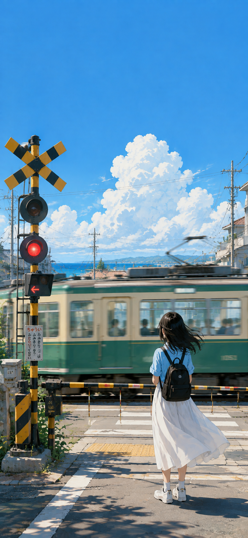 device wallpaper visual in Japanese urban railway crossing in summer daylight in anime-inspired illustration,cinematic slice-of-life scene,soft atmospheric shading,clean mobile wal