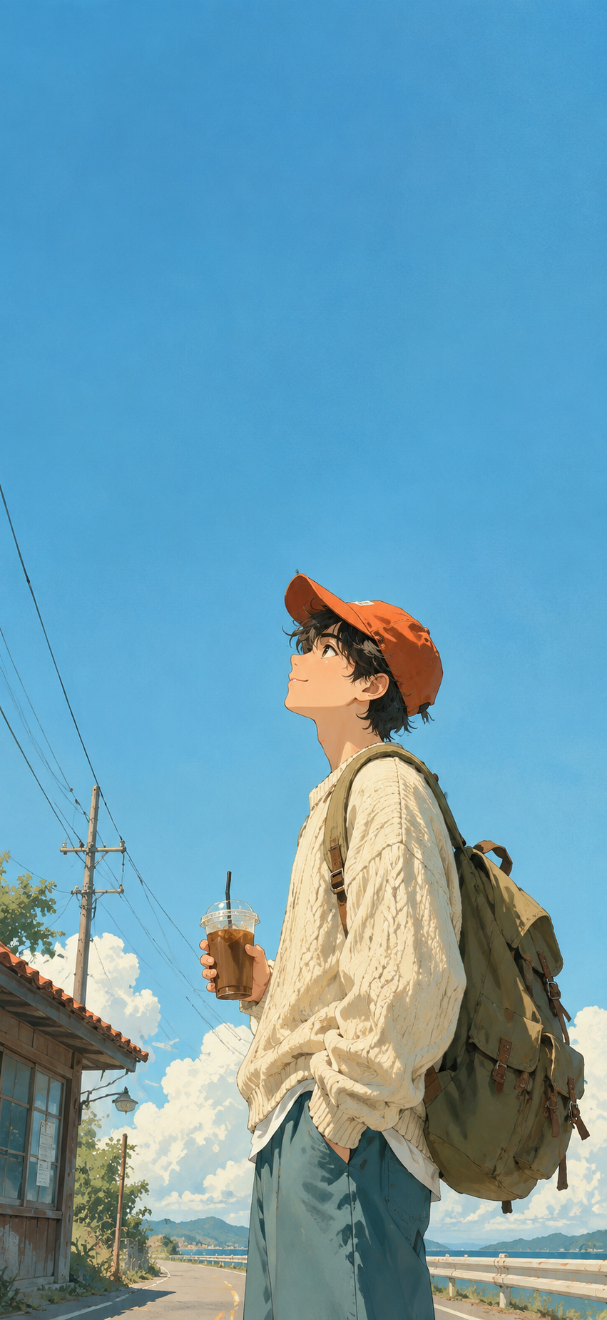 Soft-anime traveler in an orange cap and ivory sweater looking upward beneath a wide blue summer sky with distant clouds.