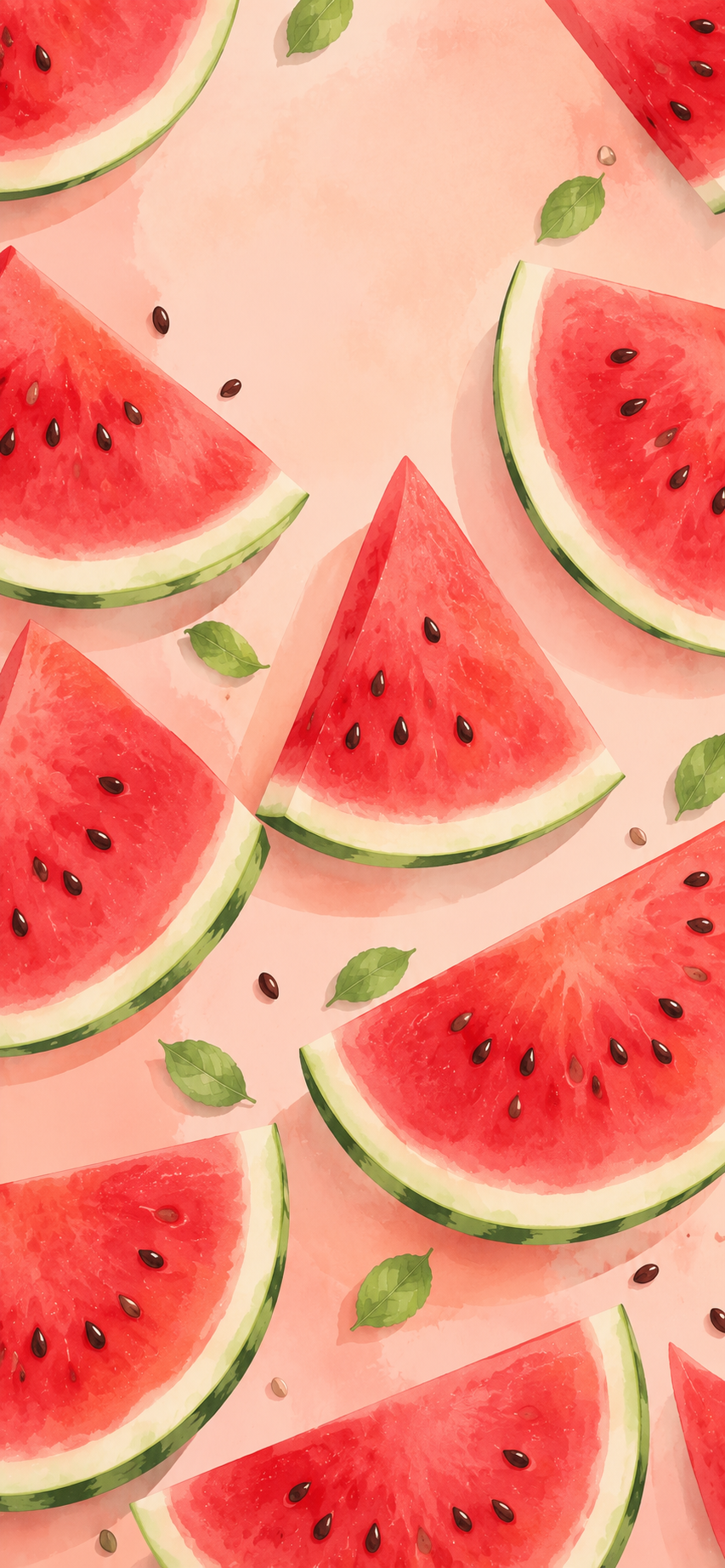 Illustrated repeating watermelon slices in a colorful minimalist pattern.