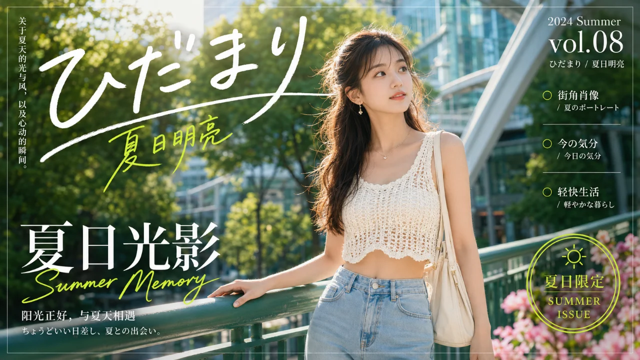 Summer lifestyle magazine cover with a sunlit bridge portrait, handwritten Japanese title text, green foliage, and bright lime editorial details.