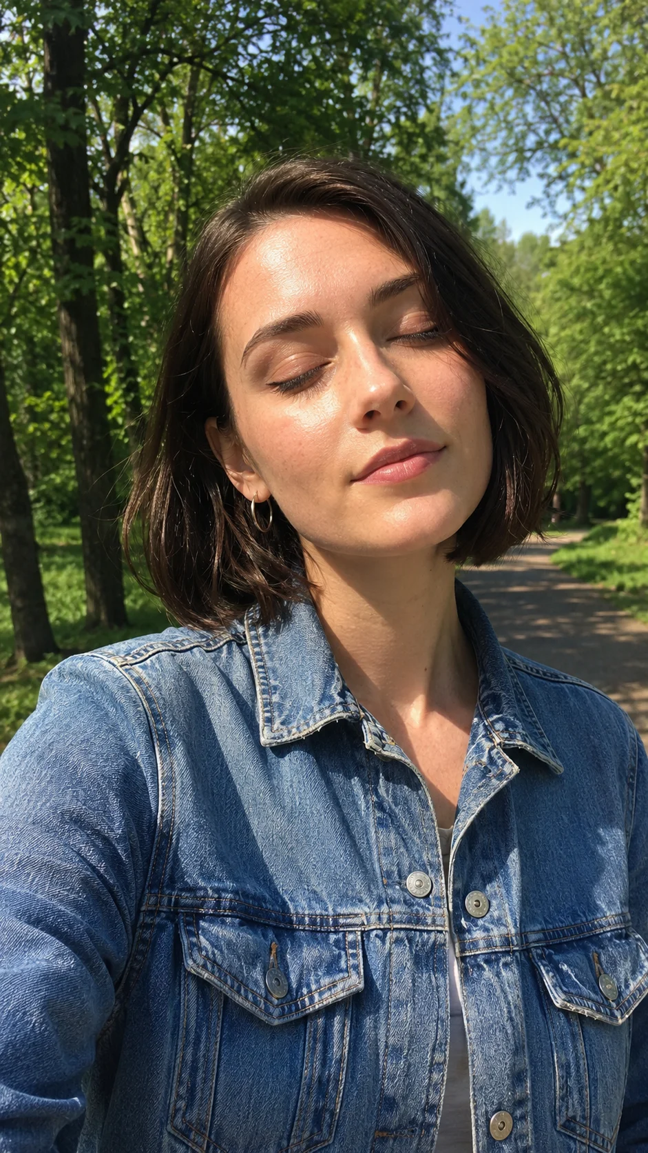 Young woman with short dark bob wearing blue denim jacket, eyes closed in sunlight, standing in green park with soft haze.