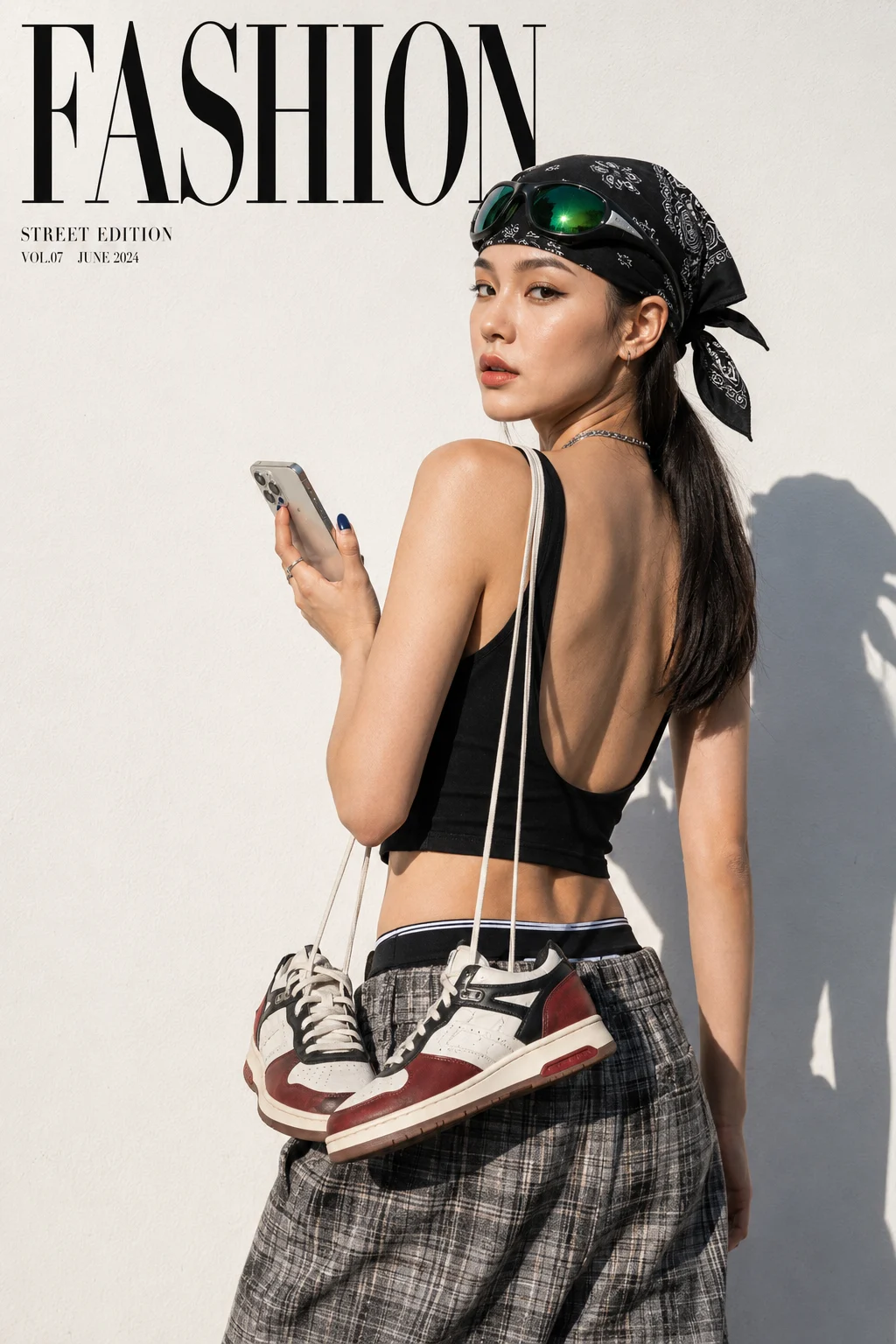 Fashion subject in black open-back top and plaid trousers with sneakers suspended across torso in hard sunlight.