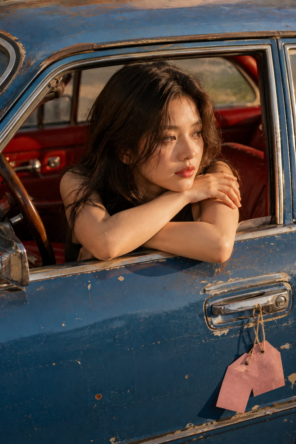 Close fashion portrait of a woman leaning through a blue vintage car window with folded arms, red upholstery, and warm direct sunlight.