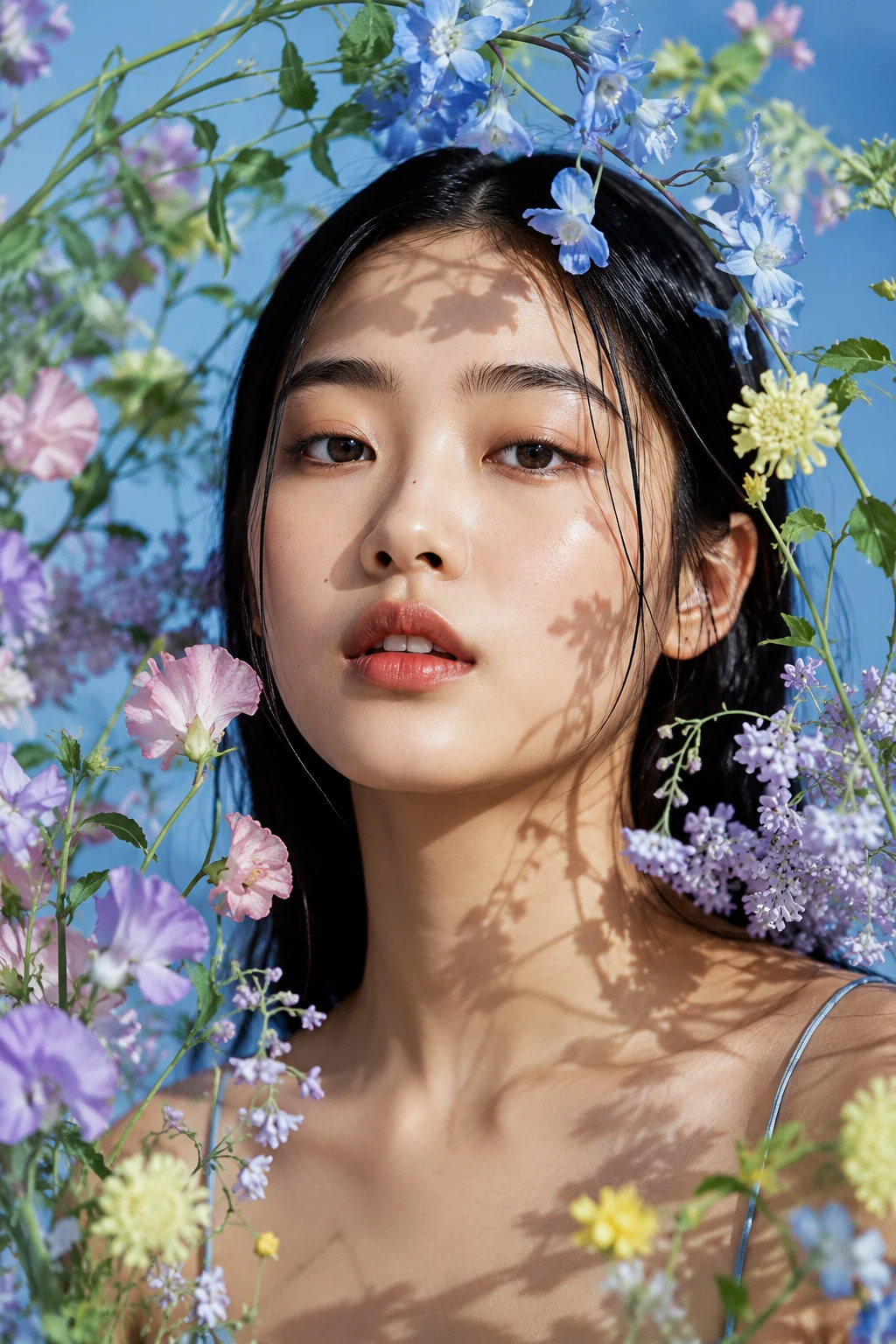 Beauty portrait framed by pastel flowers and green leaves, with patterned botanical shadows across the face against a soft blue background.