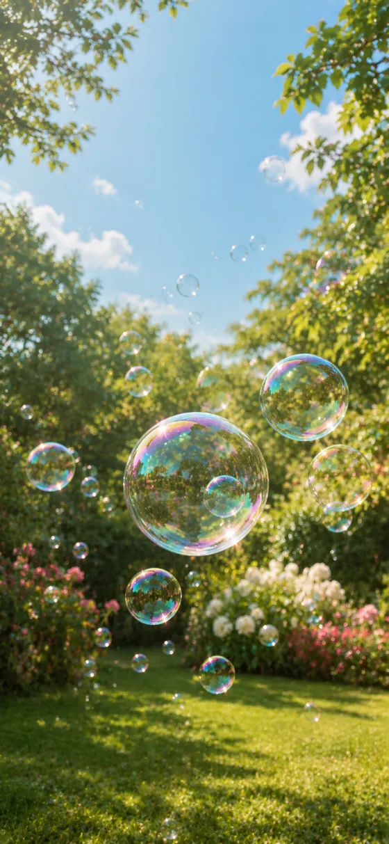 Transparent soap bubbles floating through a sunny green garden with sparkling light and blue sky.