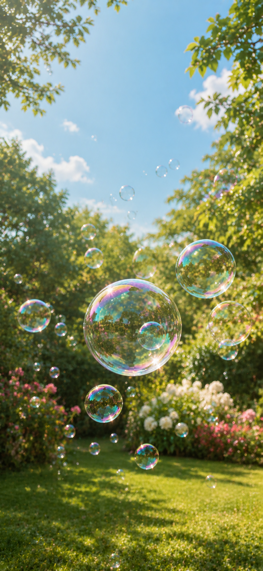 Transparent soap bubbles floating through a sunny green garden with sparkling light and blue sky.