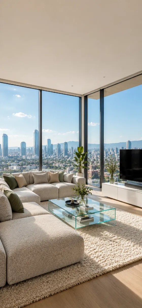 Sunlit modern high-rise living room with soft gray sofa, glass table, plants, and city-view windows.