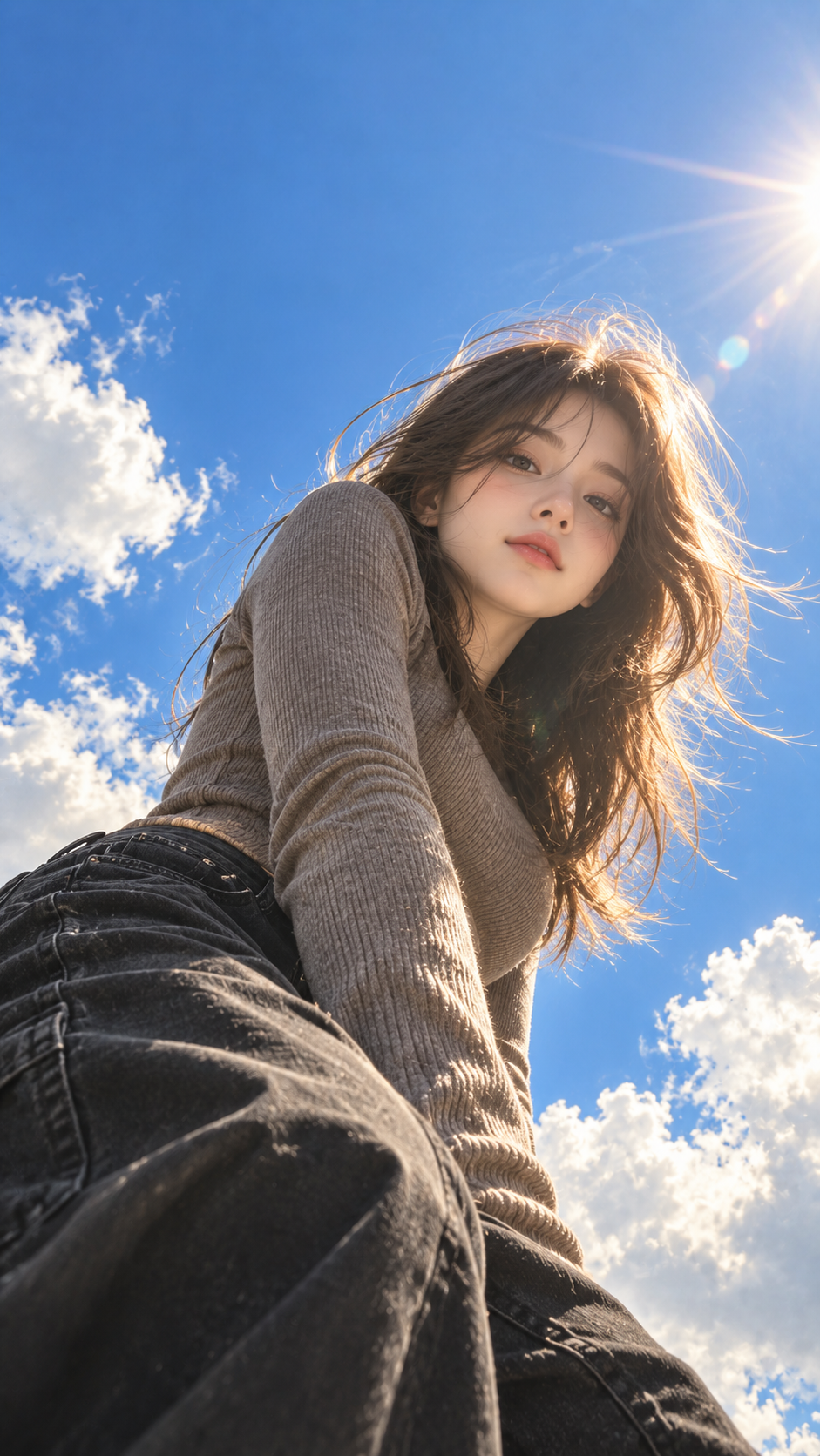 Young woman with windblown dark hair viewed from below against a blue sky with white clouds and warm sunlight.