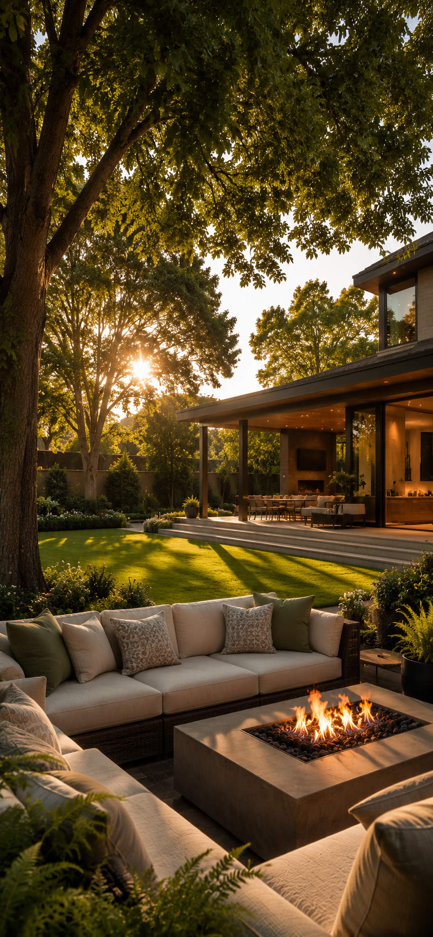 Sunlit luxury backyard lounge with cushioned seating, green lawn, mature trees, and a glowing fire pit.