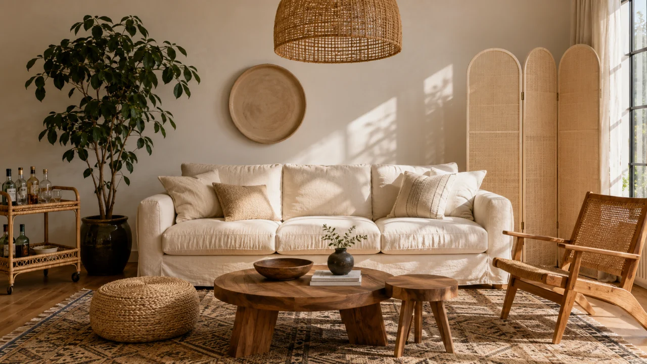 Warm neutral living room with cream sofa, rattan pendant, wood chair, woven rug, arched screen, and green plant.