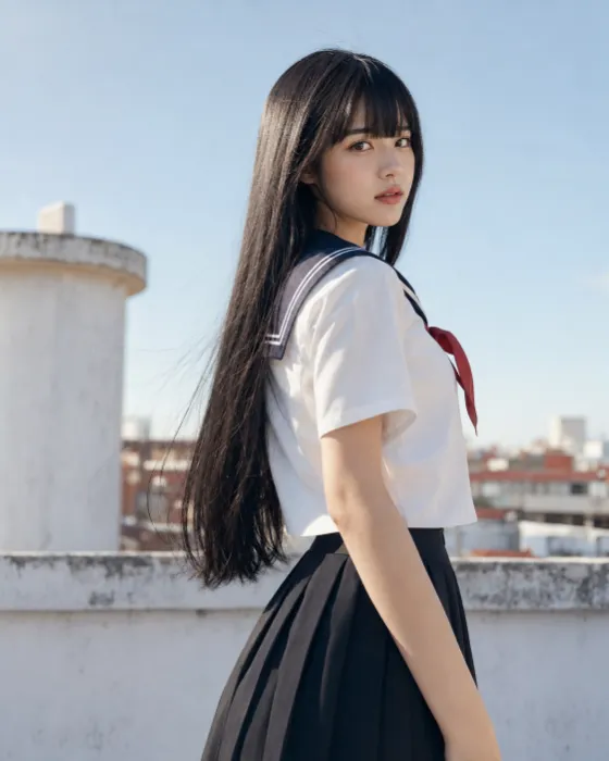 Vertical rooftop fashion portrait of a long-haired model in a white sailor-collar blouse, red neckerchief, and black pleated skirt.