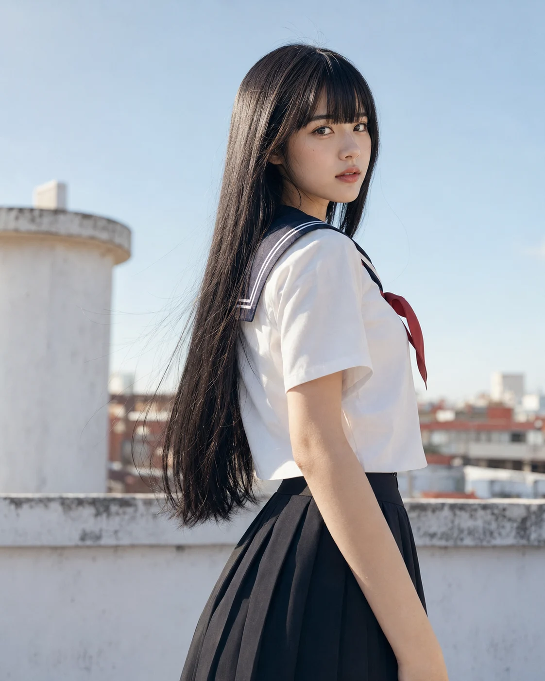 Vertical rooftop fashion portrait of a long-haired model in a white sailor-collar blouse, red neckerchief, and black pleated skirt.