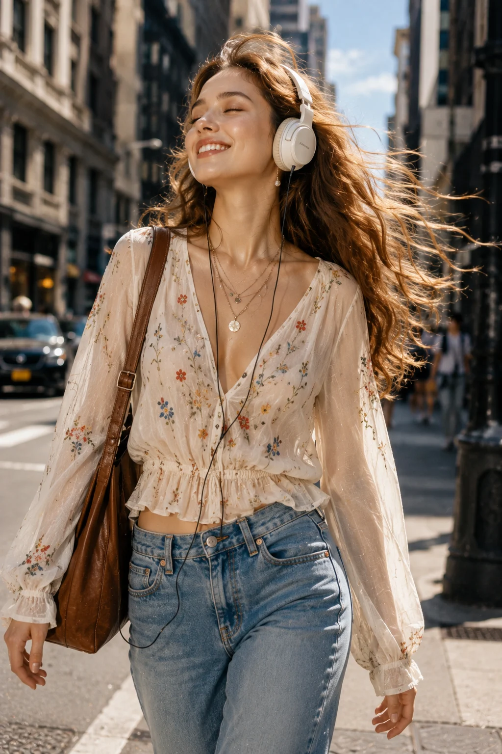 Sunlit street-fashion portrait of a smiling woman in a floral ivory blouse, faded jeans, layered necklaces, and white headphones.