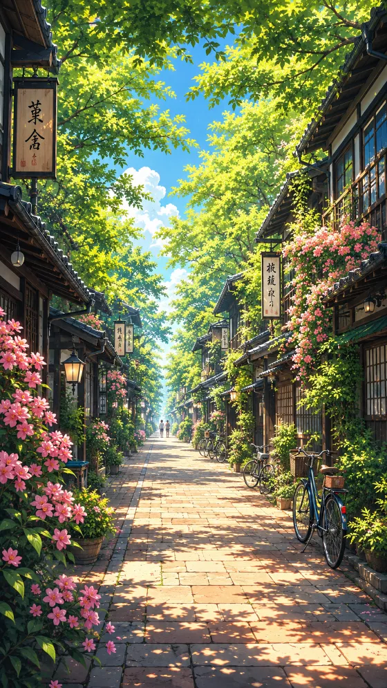 sunlit summer alley in traditional Japanese pedestrian street in summer in tranquil nostalgic summer alley.