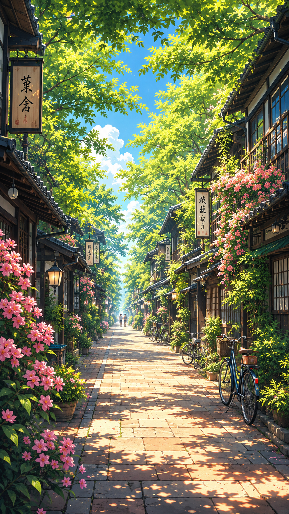 sunlit summer alley in traditional Japanese pedestrian street in summer in tranquil nostalgic summer alley.