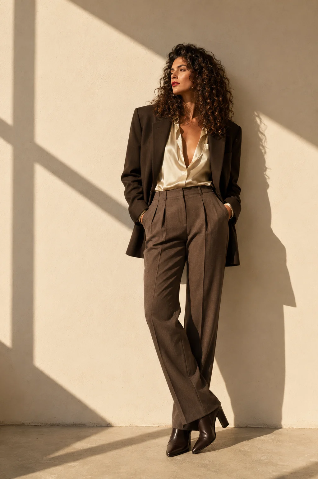 Full-body tailored outfit with a brown blazer, satin blouse, pleated trousers, and pointed ankle boots in warm sunlight against a cream wall.