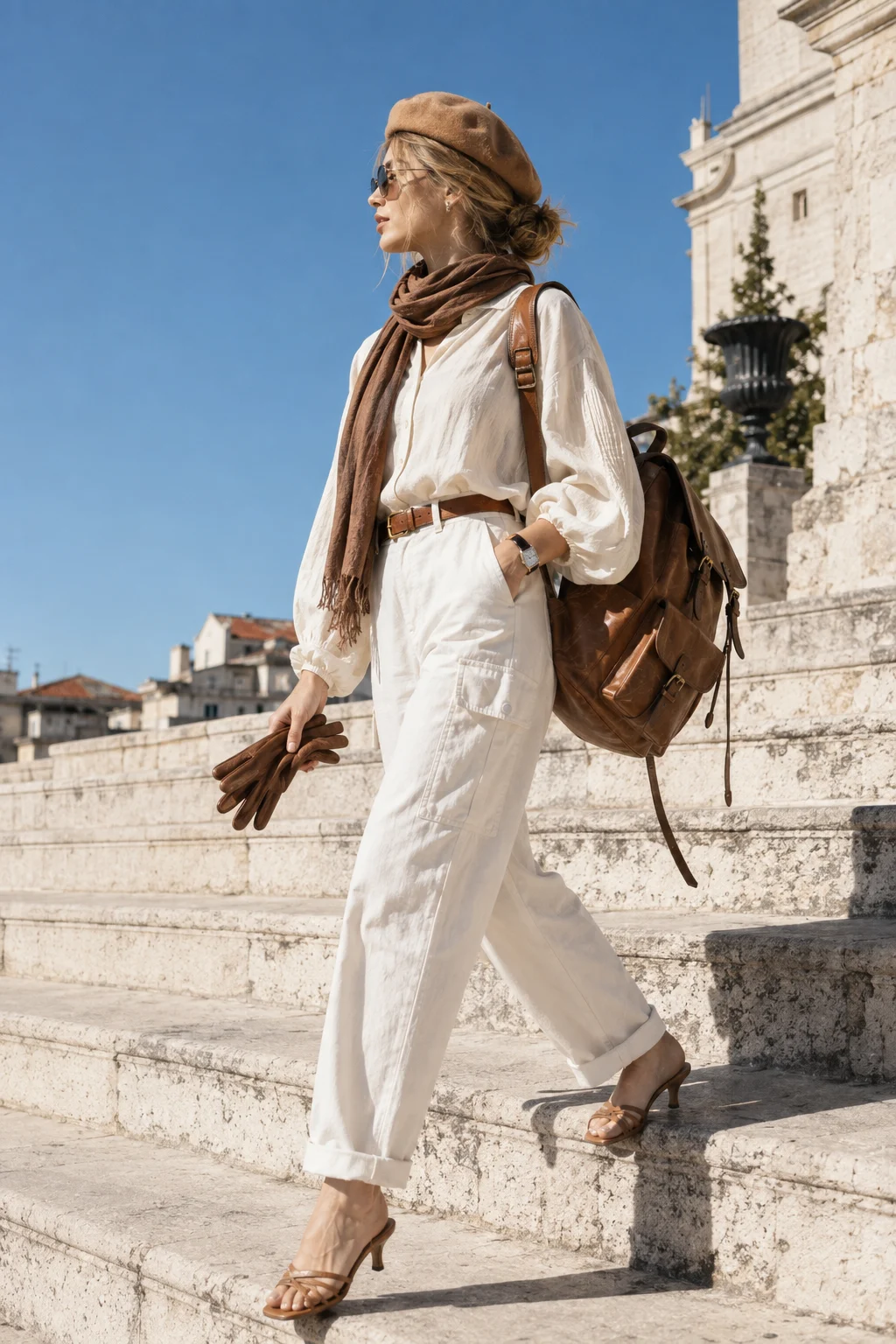 Full-body travel-fashion portrait of a woman in white tailoring, a tan beret, brown scarf, leather backpack, and heeled sandals on stone steps.