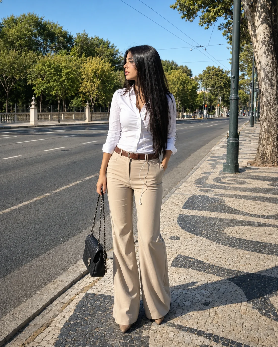 Woman in a white shirt and beige flared trousers walking beside a quiet road with a black handbag in bright afternoon light.
