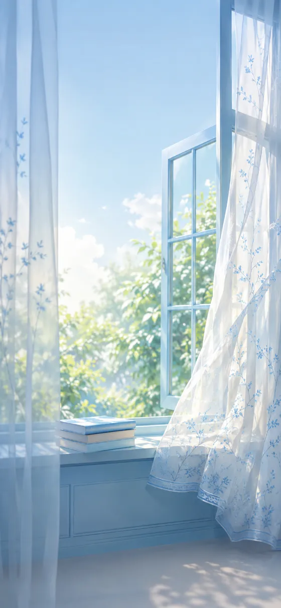Dreamy illustrated lock screen showing a sunlit blue window, sheer curtains, soft green bokeh, and a calm summer interior glow.