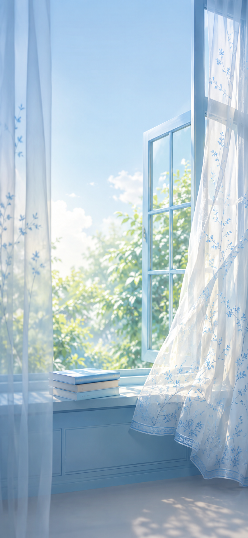 Dreamy illustrated lock screen showing a sunlit blue window, sheer curtains, soft green bokeh, and a calm summer interior glow.