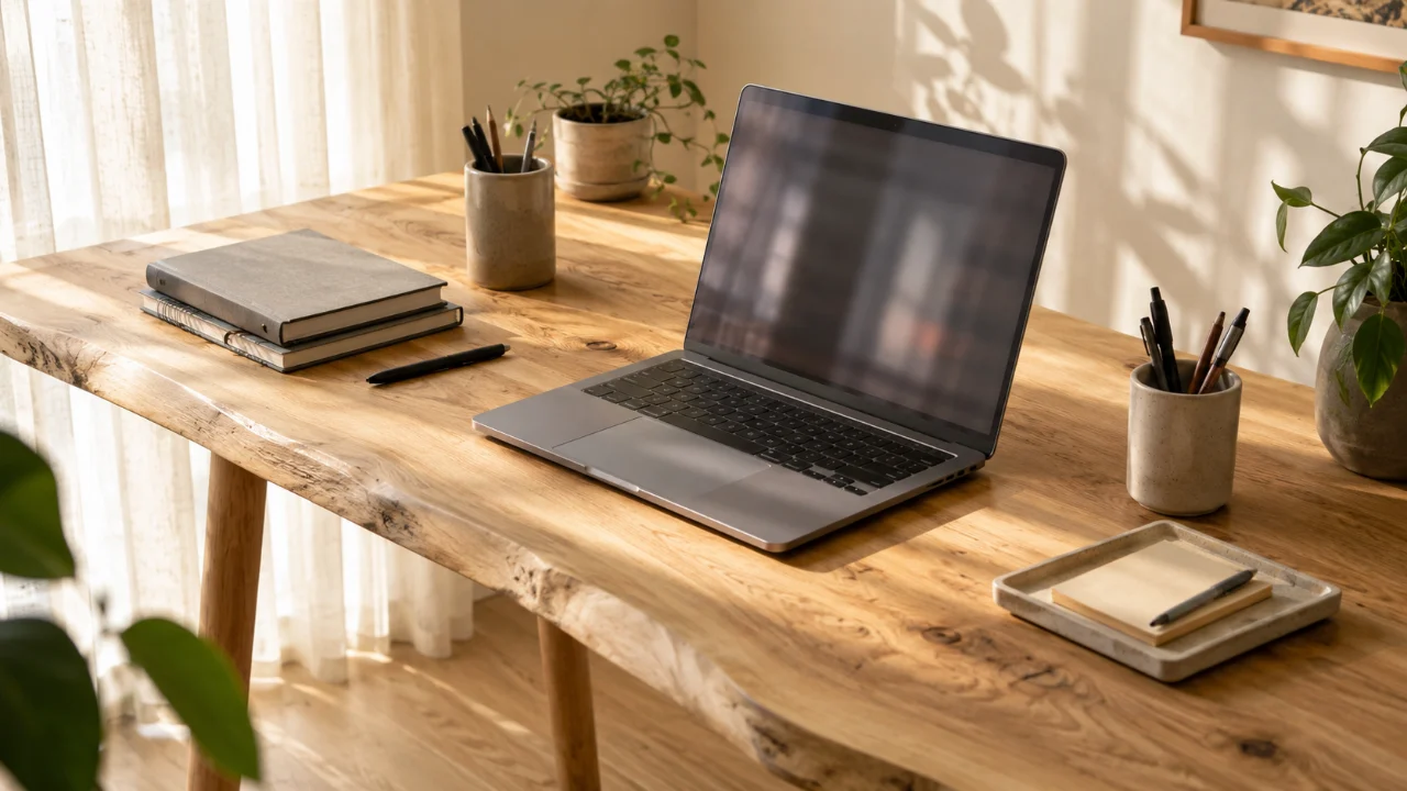 Warm wooden workspace with generic laptop, stationery, ceramic pencil cups, plants, and diagonal daylight on the desk.