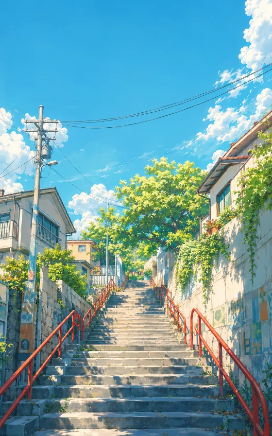 Anime-inspired urban stairway wallpaper with red railings, blue sky, clouds, utility wires, buildings, and greenery.
