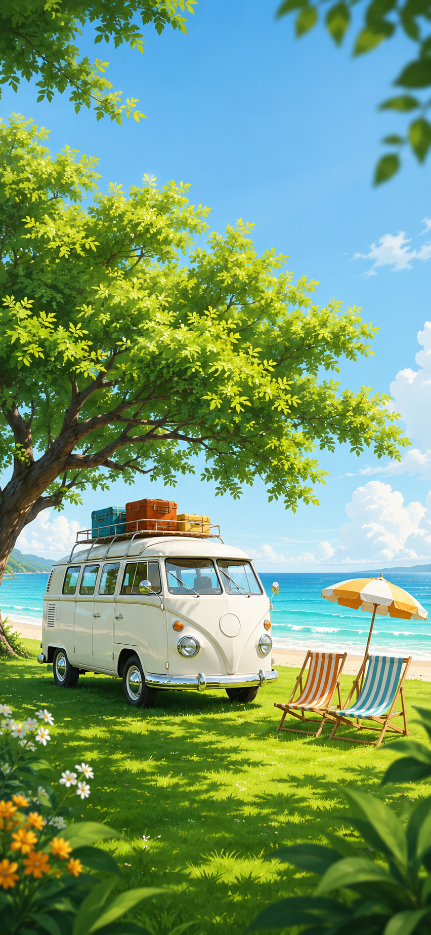 Illustrated white coffee van under a lush seaside tree with beach chairs, colorful luggage, blue ocean, and sunny sky in a vertical wallpaper scene.