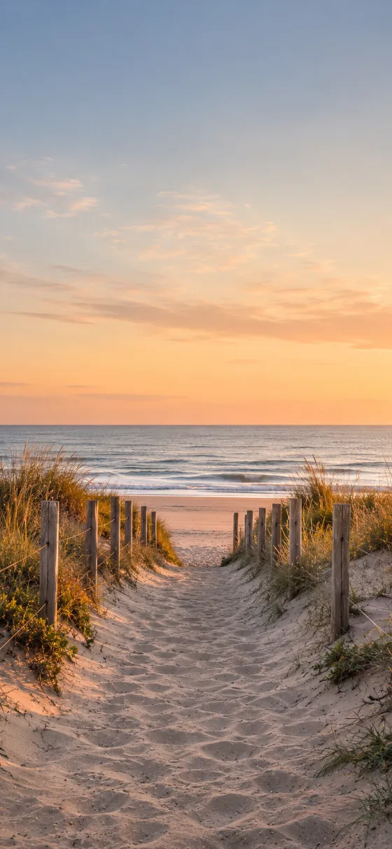 Sandy beach path between wooden fences leading to the ocean beneath a soft pastel sunset sky.