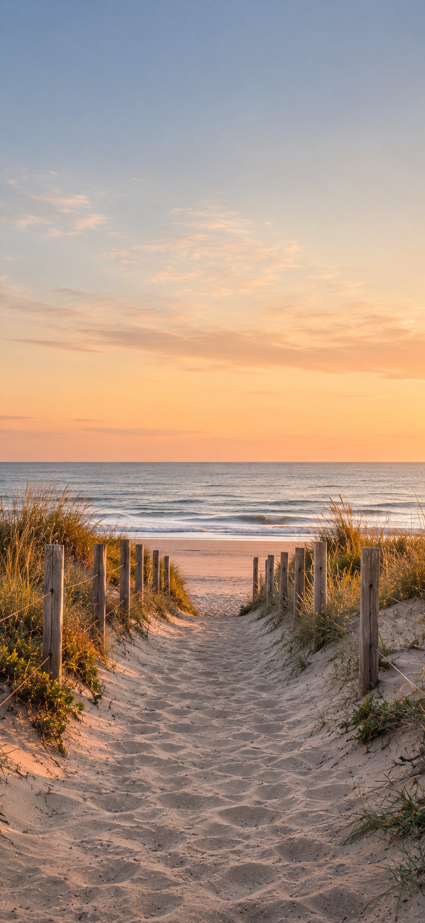 Sandy beach path between wooden fences leading to the ocean beneath a soft pastel sunset sky.