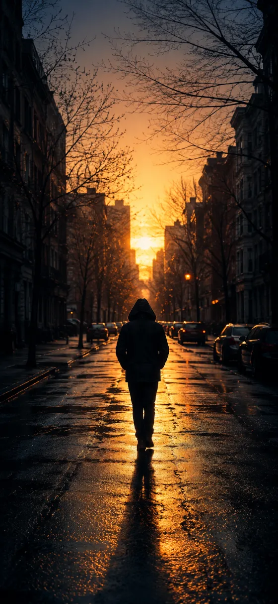 Back-facing hooded figure walking down a wet city street toward warm sunset light.
