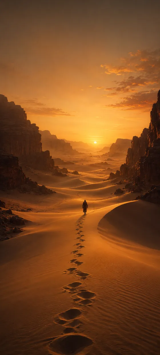 A lone traveler stands in golden desert dunes with footprints leading toward a glowing sunset between canyon walls.