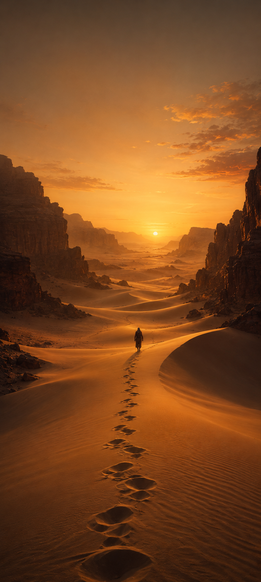 A lone traveler stands in golden desert dunes with footprints leading toward a glowing sunset between canyon walls.