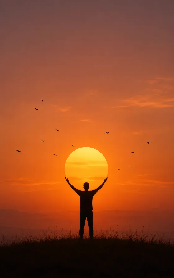 Central human silhouette with raised arms in front of a huge orange sunset sun, birds, and a smooth warm sky.