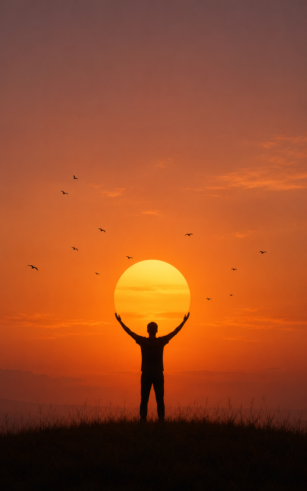 Central human silhouette with raised arms in front of a huge orange sunset sun, birds, and a smooth warm sky.