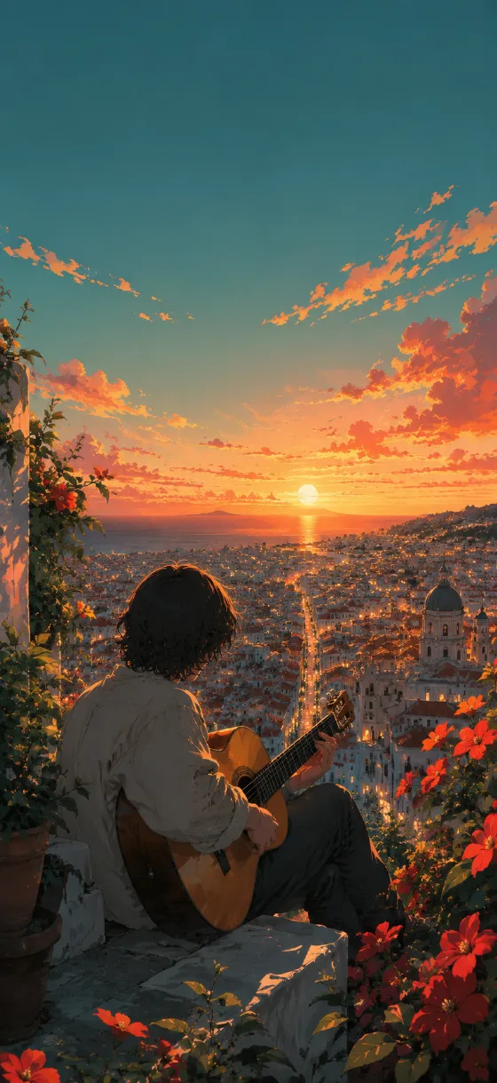 Anime musician with a classical guitar sitting on a terrace above a coastal city beneath coral sunset clouds.