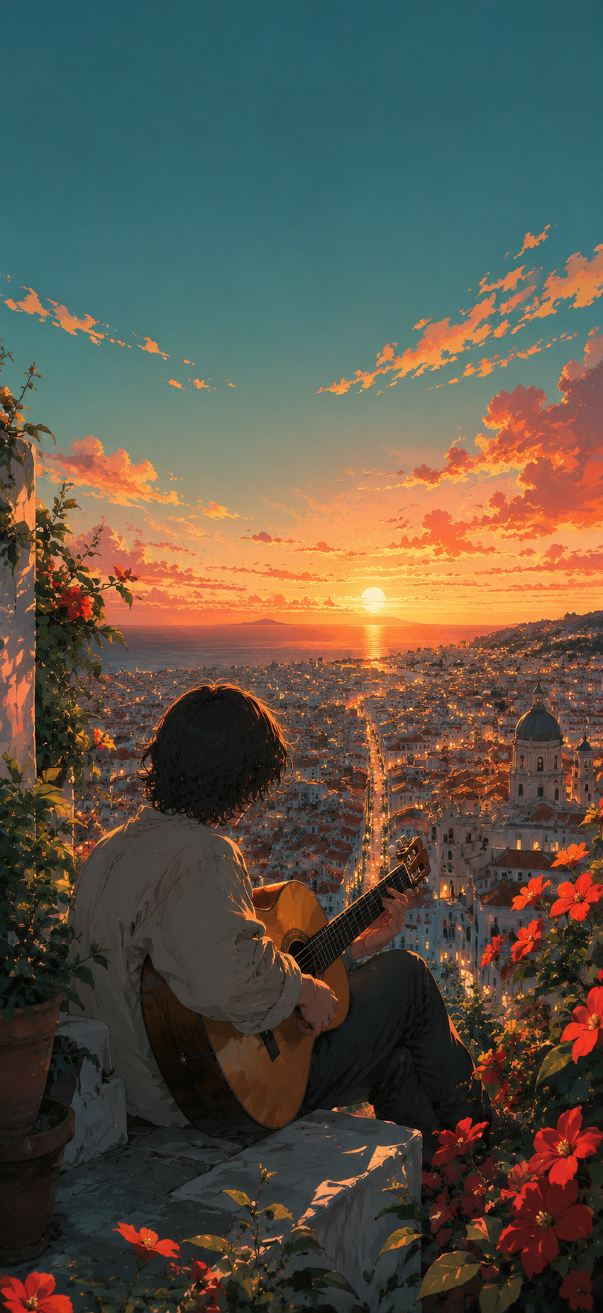 Anime musician with a classical guitar sitting on a terrace above a coastal city beneath coral sunset clouds.