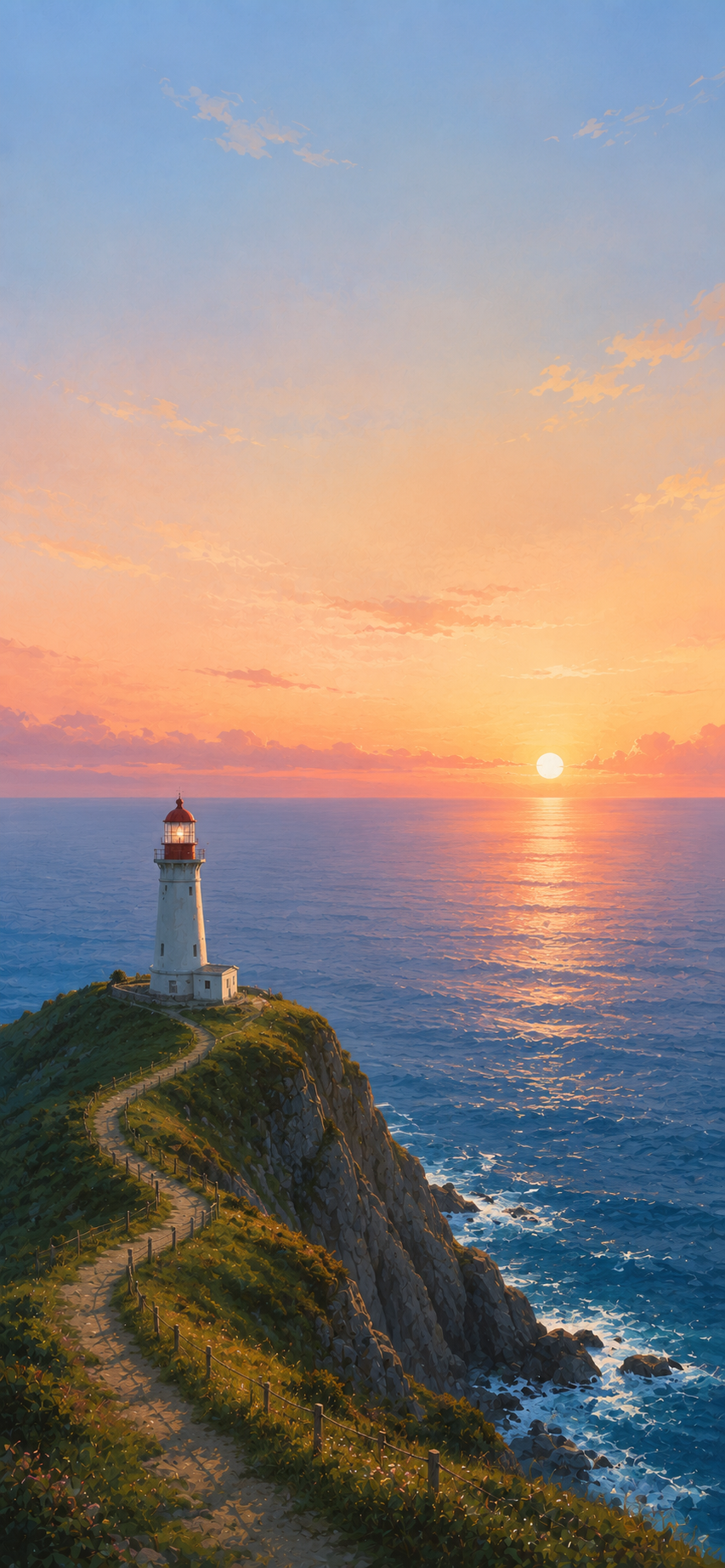 White lighthouse standing on a coastal cliff overlooking a calm blue ocean during a warm sunset.